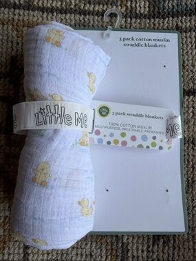 Little Me White Cotton Muslin Swaddle Blanket with Yellow Duck Print